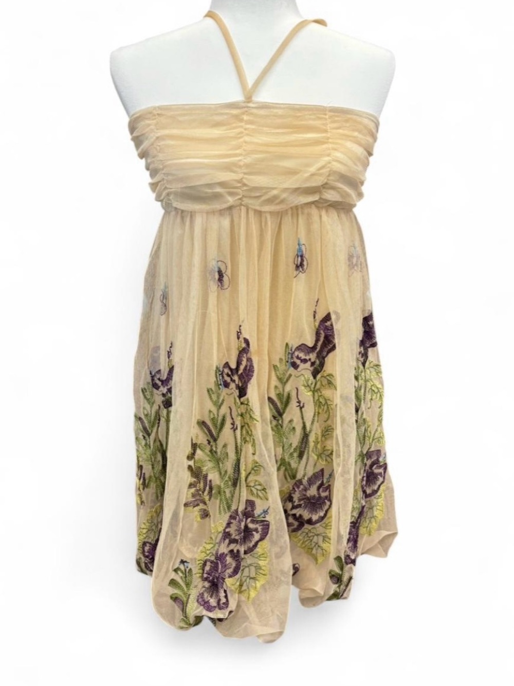 Ryu Beige Strapless Midi Dress with Purple Floral Embroidery